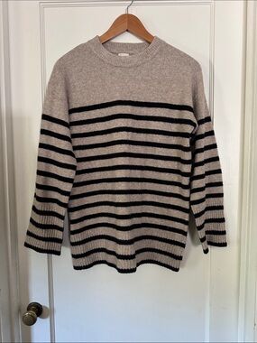 Cozy Beige & Black Striped Crewneck Sweater